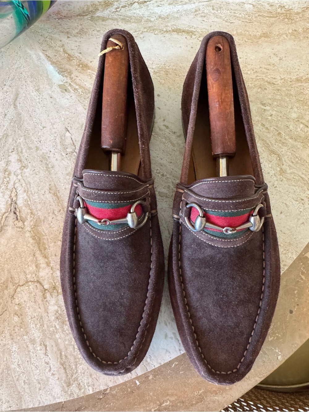 Gucci Brown Suede Loafers with Red & Green Web and Silver Bit